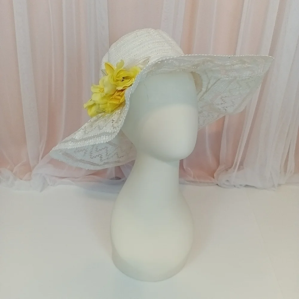 Vintage 80s Womens White and Yellow Wide Brim Sun Hat Summer Travel - Picture 2 of 9